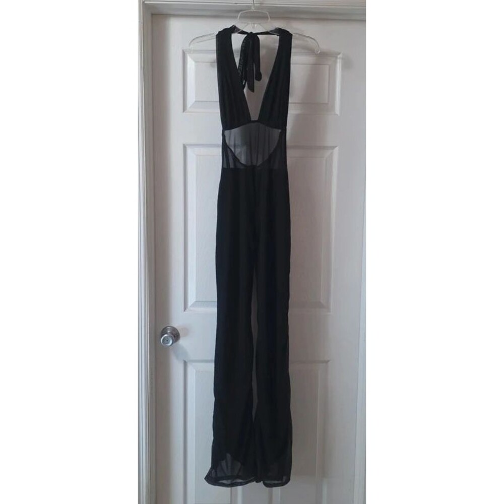 Fashion Nova Valentina Mesh Cut Out Jumpsuit Womens L Black Flare Leg NWT